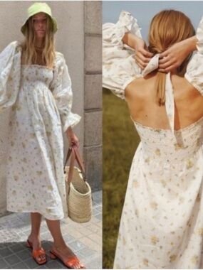 New SLEEPER Atlanta off-the-shoulder shirred linen midi dress